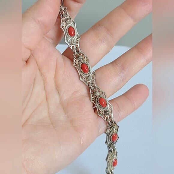 Vintage Antique Boho Sterling Silver Red Coral Cabochon Filigree Chain Bracelet - Picture 10 of 15